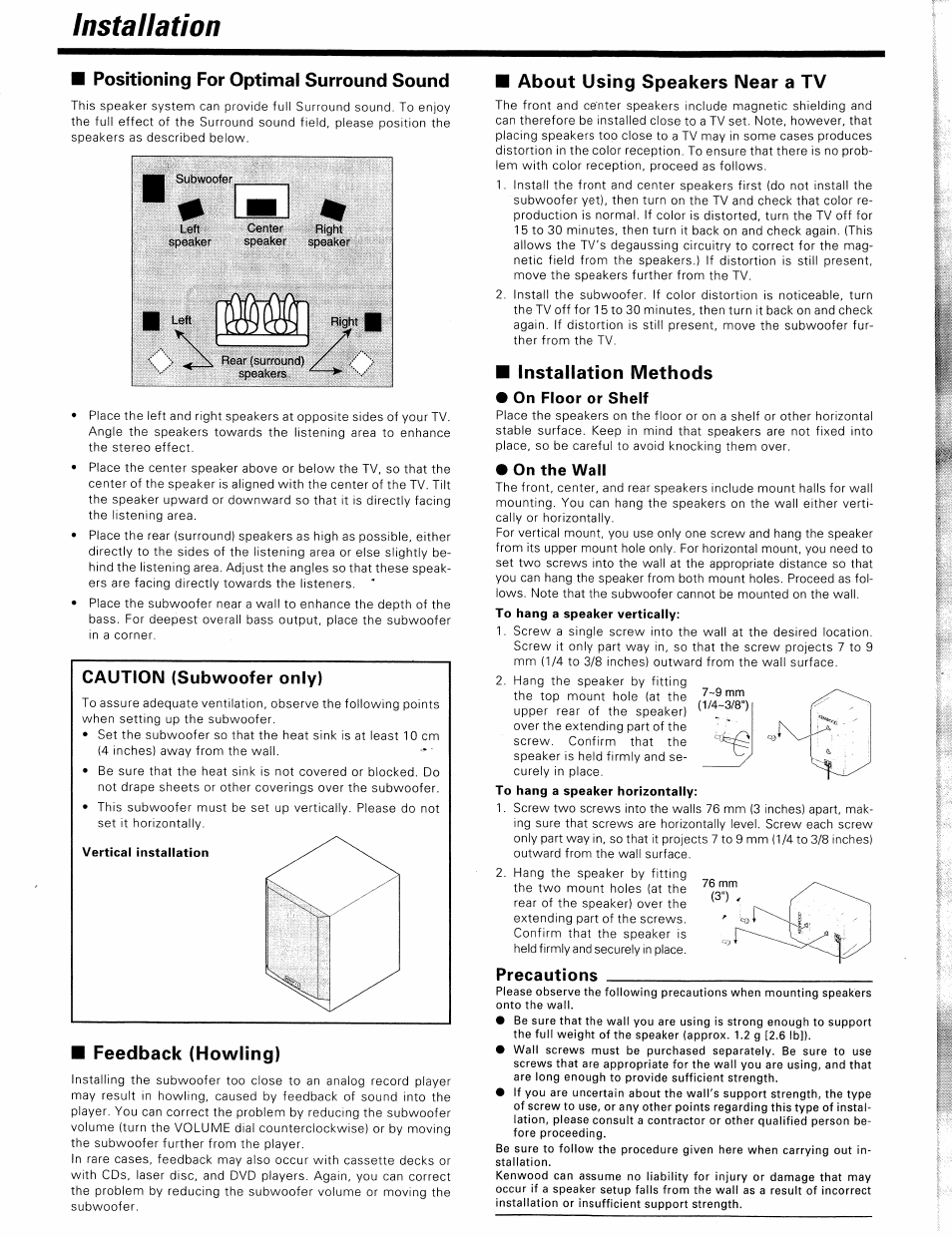 Installation, Positioning for optimal surround sound, Feedback (howling) | About using speakers near a tv, Installation methods, Caution (subwoofer only), Precautions | Kenwood KS-303HT User Manual | Page 5 / 10