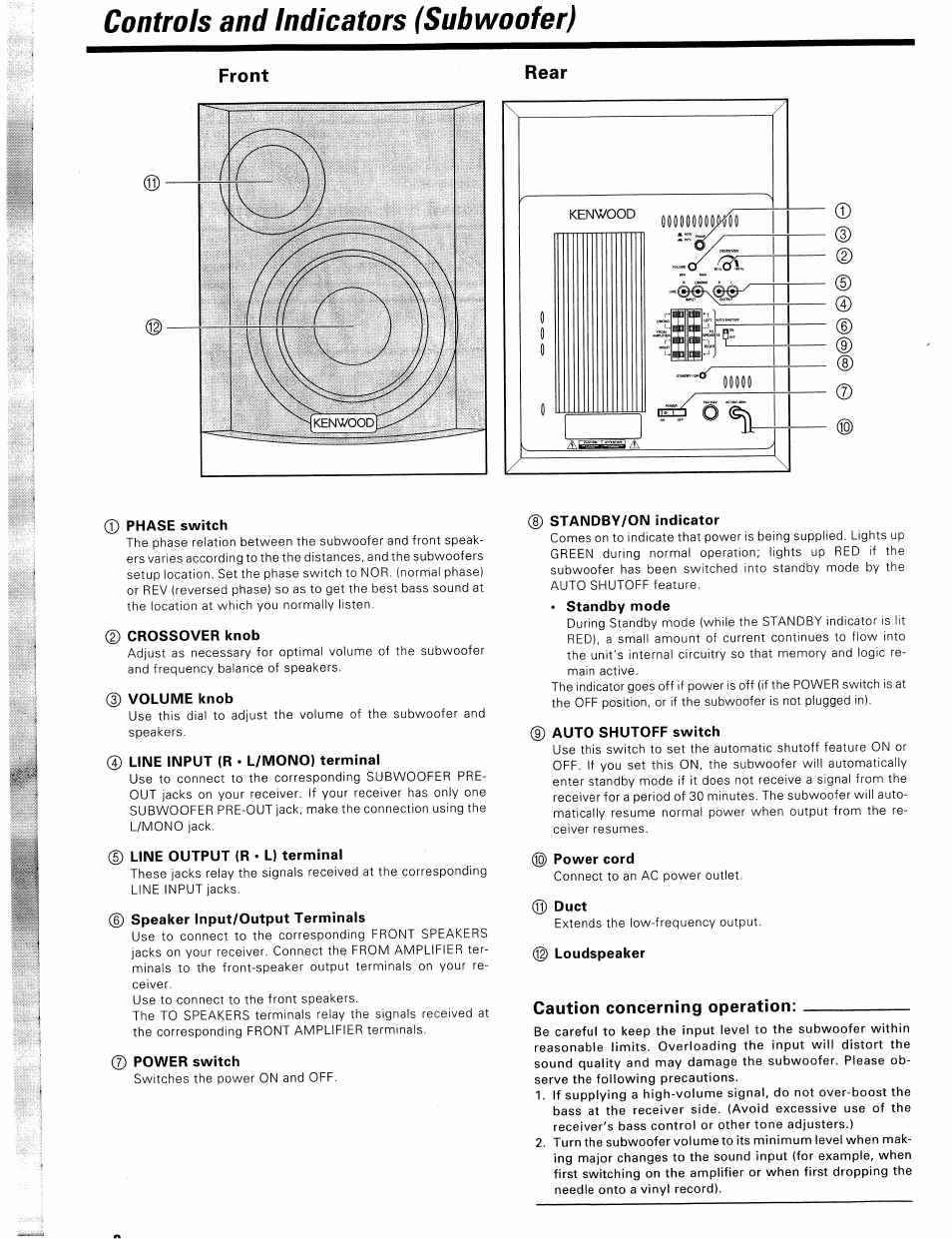 Controls and indicators (subwoofer), Front, Front rear | Caution concerning operation | Kenwood KS-303HT User Manual | Page 8 / 10