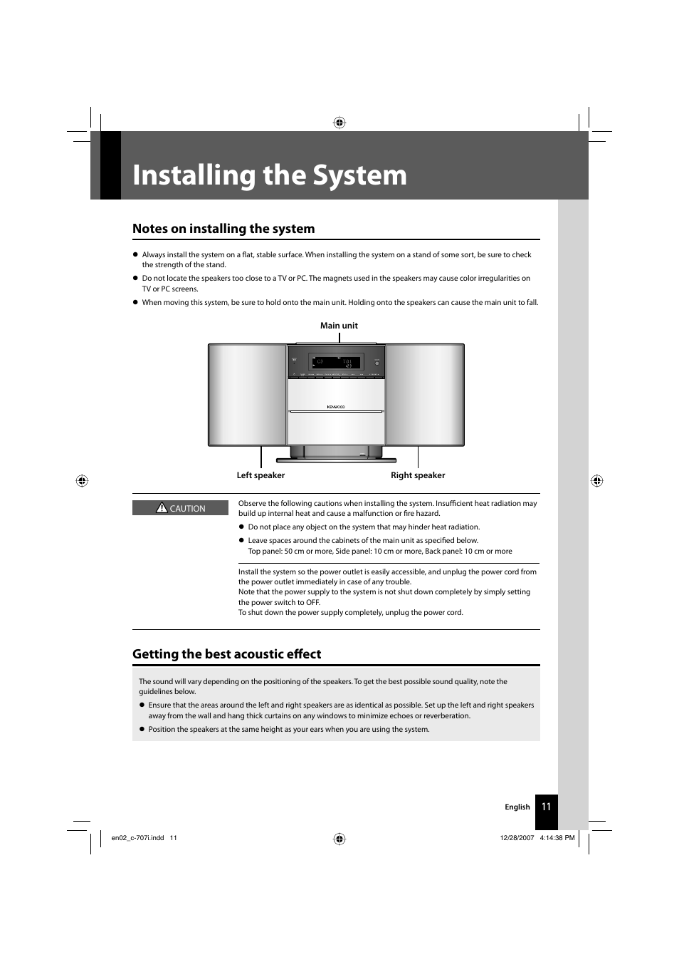 Installing the system, Getting the best acoustic eff ect | Kenwood C-707I User Manual | Page 11 / 84