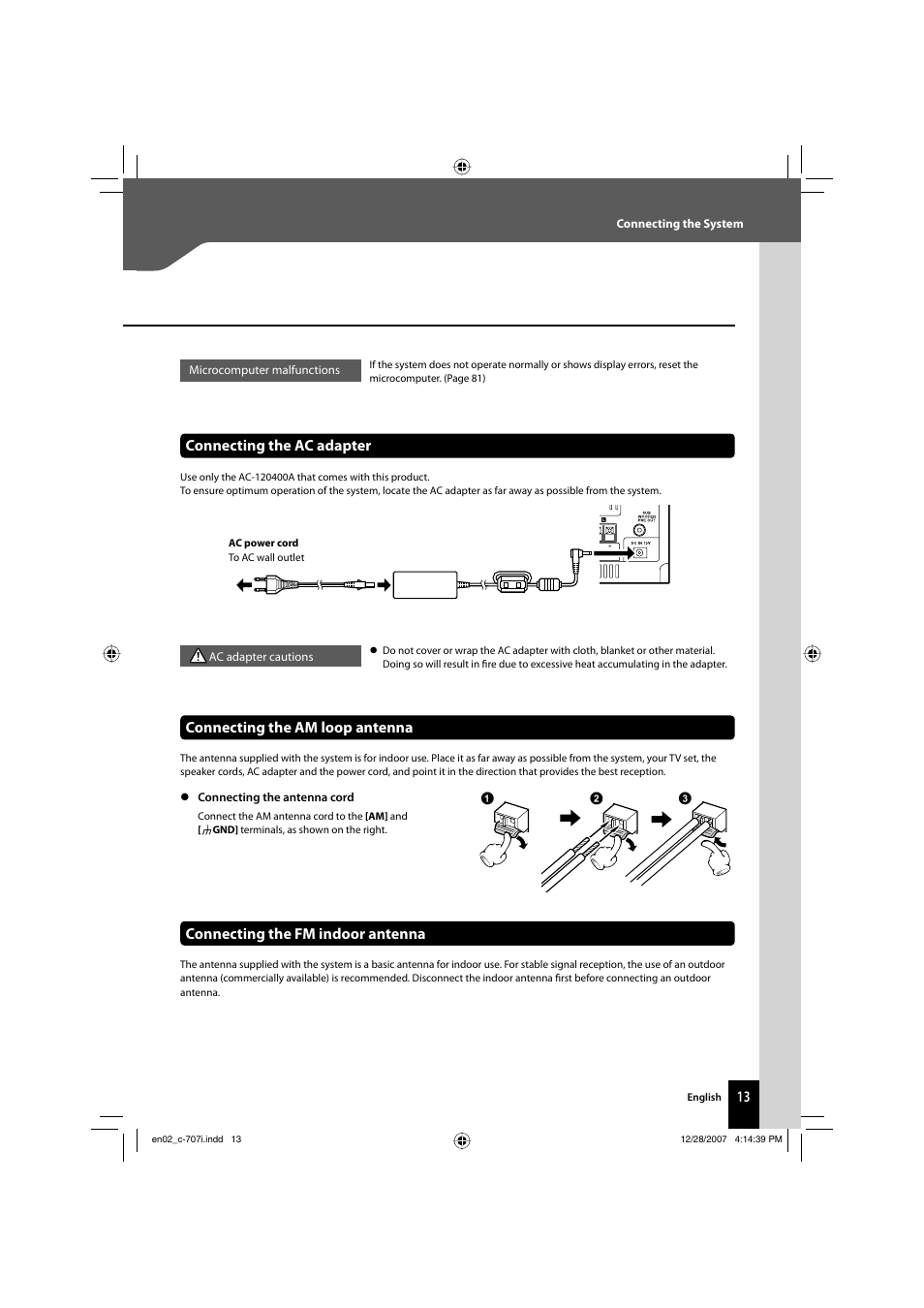 Connecting the fm indoor antenna, Connecting the am loop antenna, Connecting the ac adapter | Kenwood C-707I User Manual | Page 13 / 84