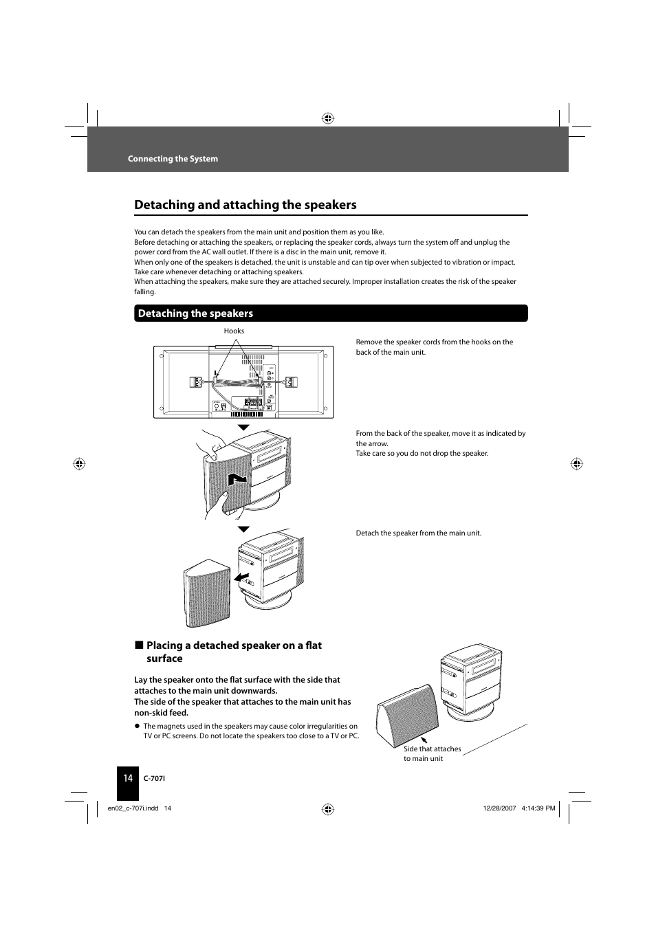 Detaching and attaching the speakers, Detaching the speakers, Placing a detached speaker on a fl at surface | Kenwood C-707I User Manual | Page 14 / 84