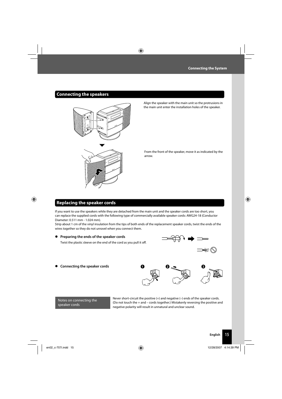 Connecting the speakers, Replacing the speaker cords | Kenwood C-707I User Manual | Page 15 / 84