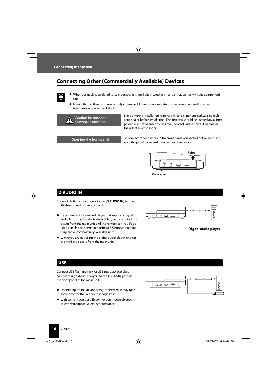 Connecting other (commercially available) devices, D.audio in | Kenwood C-707I User Manual | Page 16 / 84