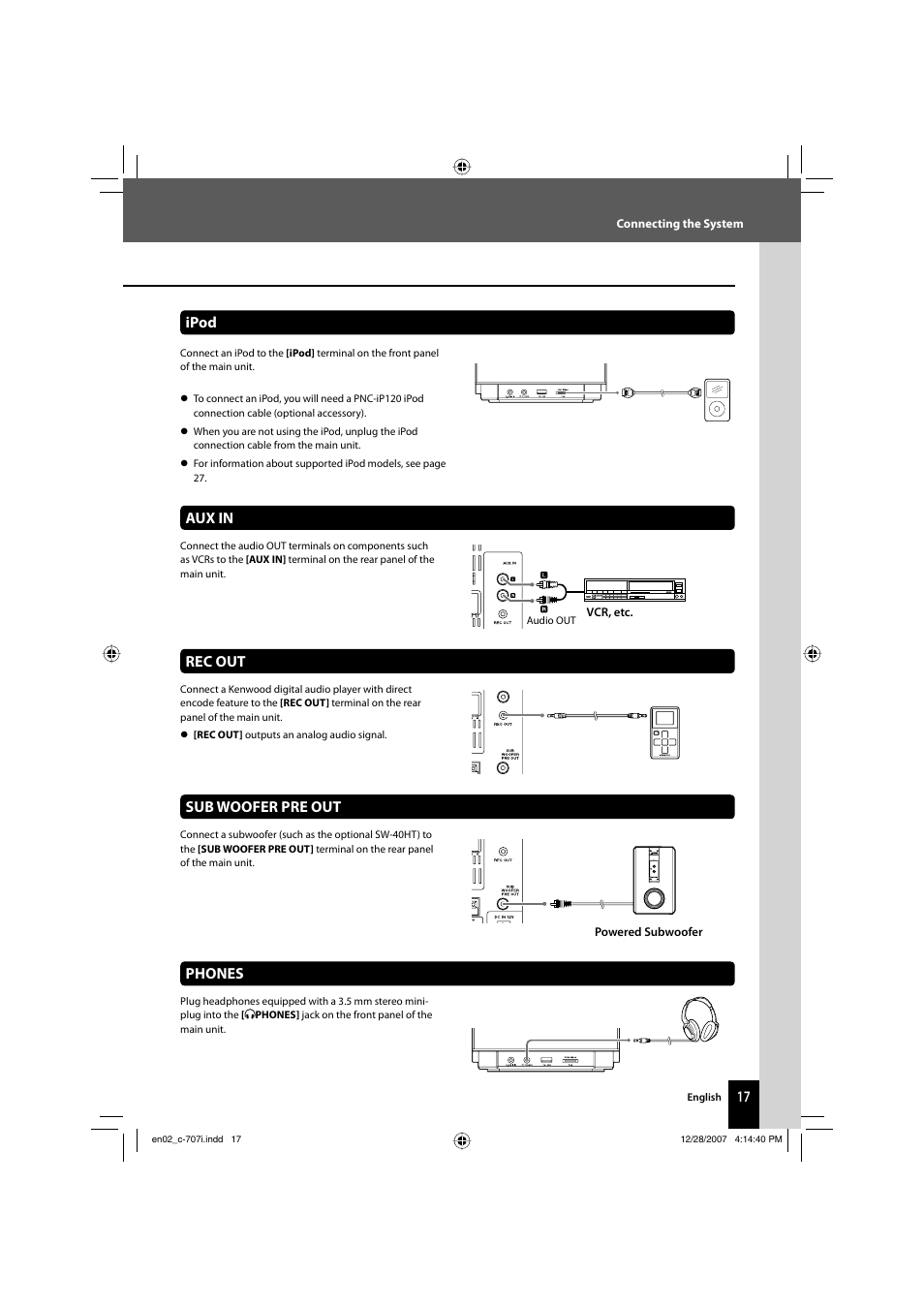 Sub woofer pre out, Phones, Aux in | Ipod, Rec out | Kenwood C-707I User Manual | Page 17 / 84