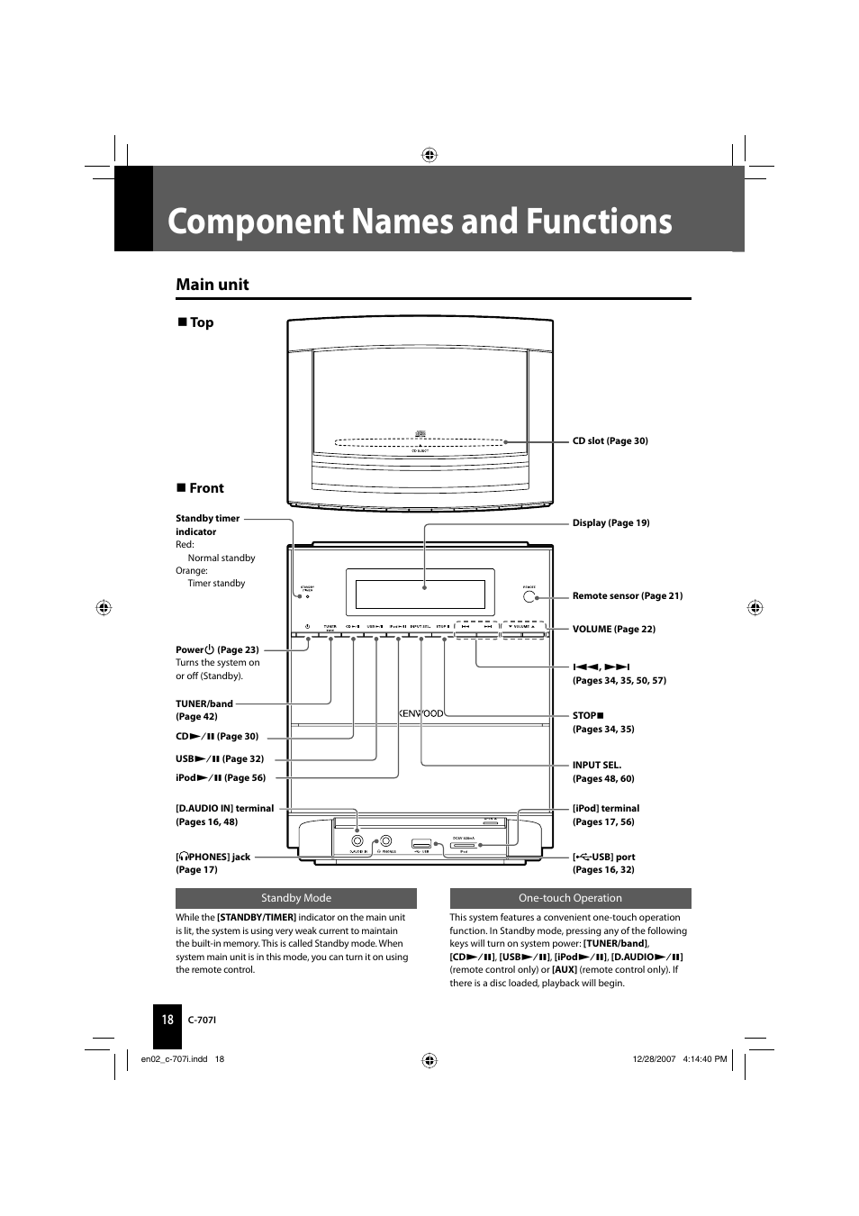 Component names and functions, Main unit, Top front | Kenwood C-707I User Manual | Page 18 / 84