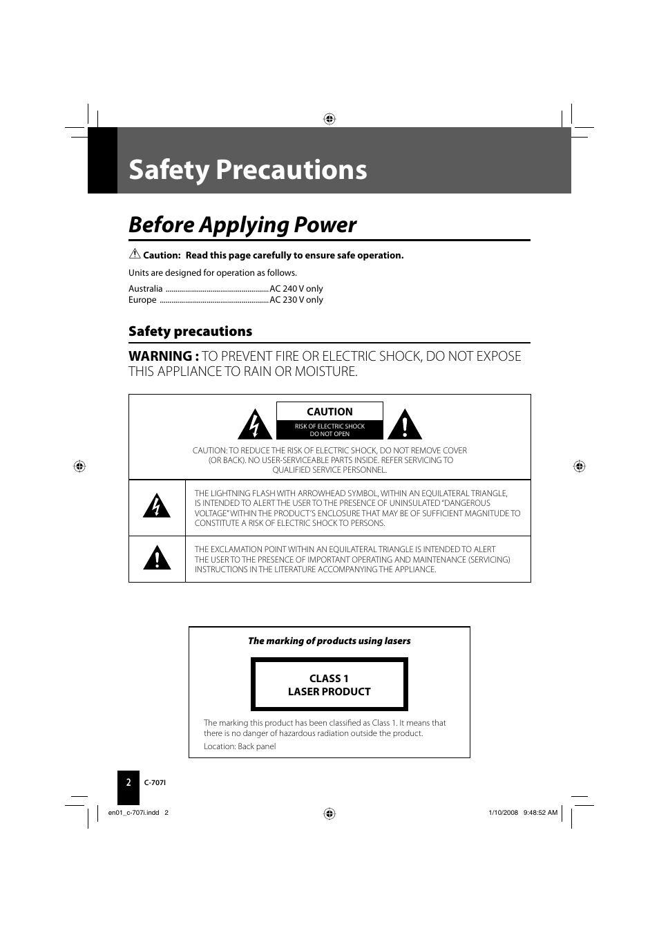 Safety precautions, Before applying power | Kenwood C-707I User Manual | Page 2 / 84