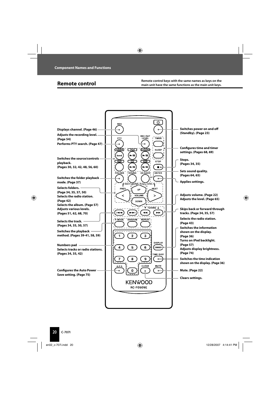 Remote control | Kenwood C-707I User Manual | Page 20 / 84