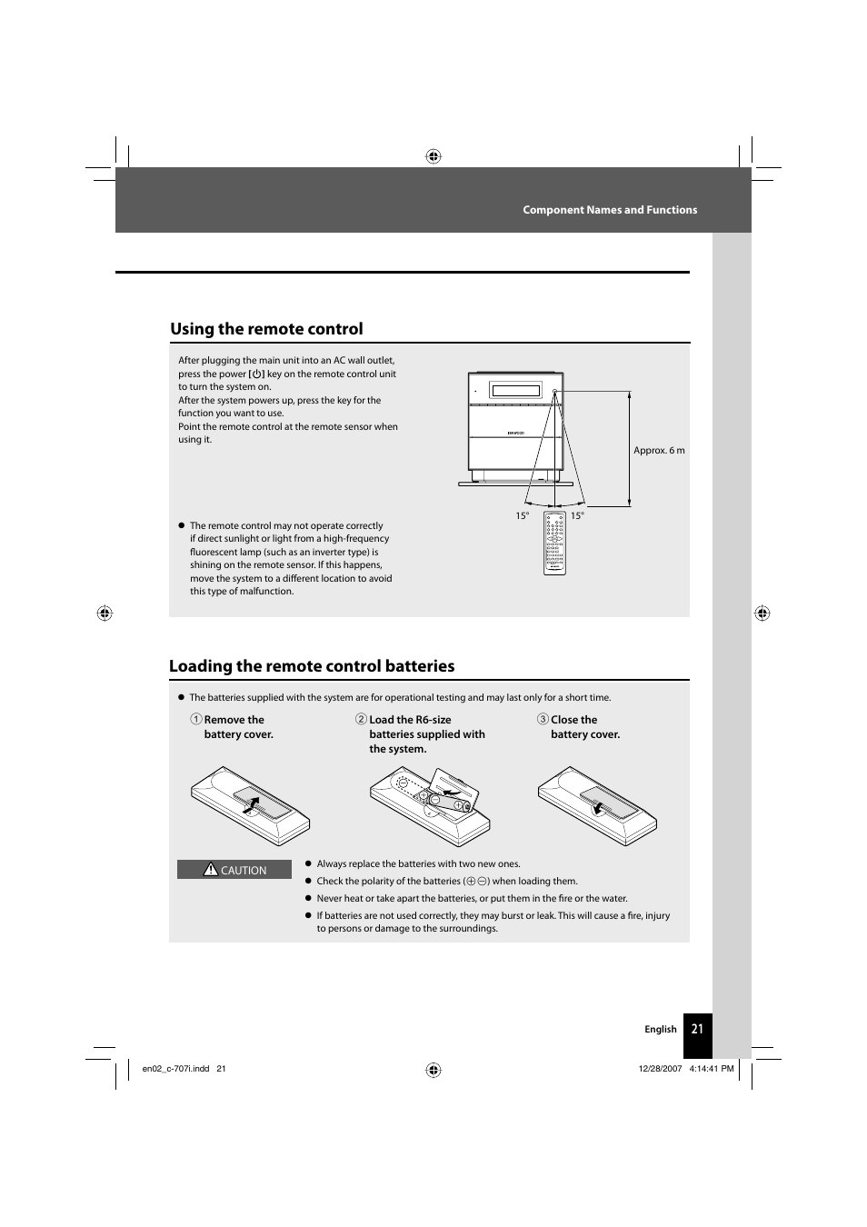 Loading the remote control batteries, Using the remote control | Kenwood C-707I User Manual | Page 21 / 84