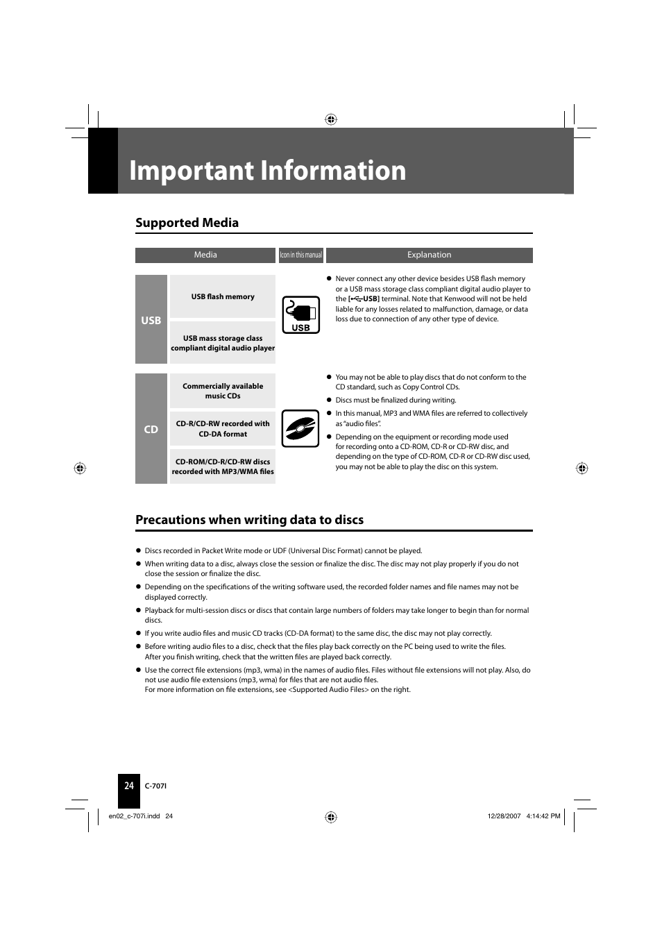 Important information, Supported media, Precautions when writing data to discs | Usb cd | Kenwood C-707I User Manual | Page 24 / 84