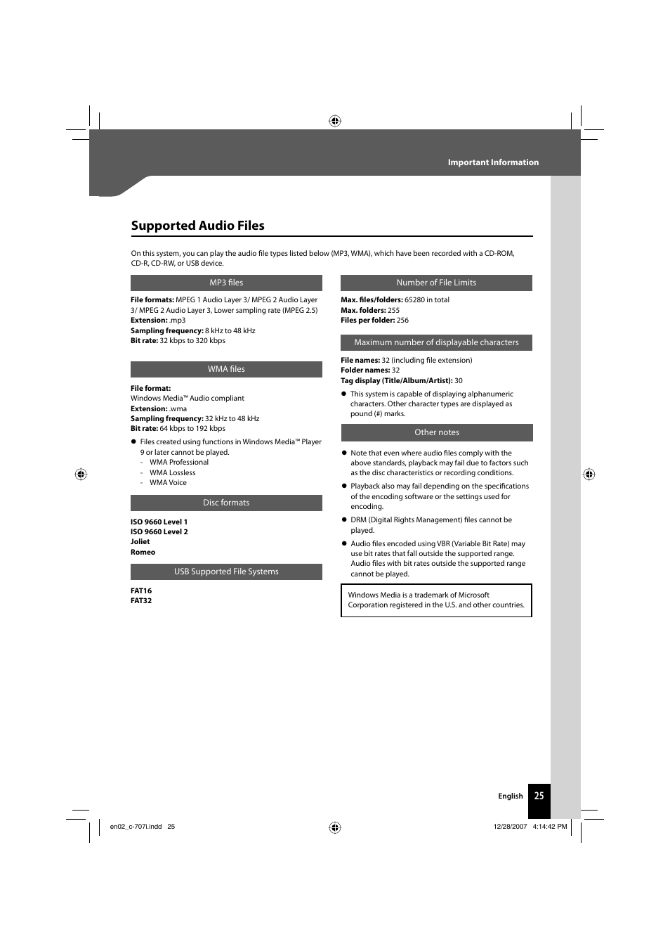 Supported audio files | Kenwood C-707I User Manual | Page 25 / 84