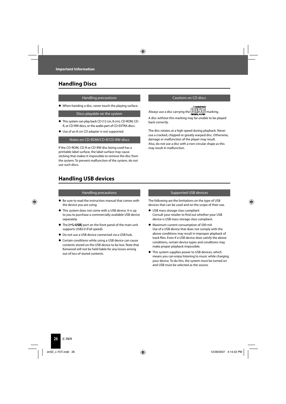 Handling discs, Handling usb devices | Kenwood C-707I User Manual | Page 26 / 84