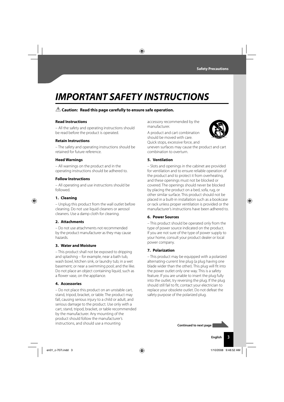 Important safety instructions | Kenwood C-707I User Manual | Page 3 / 84