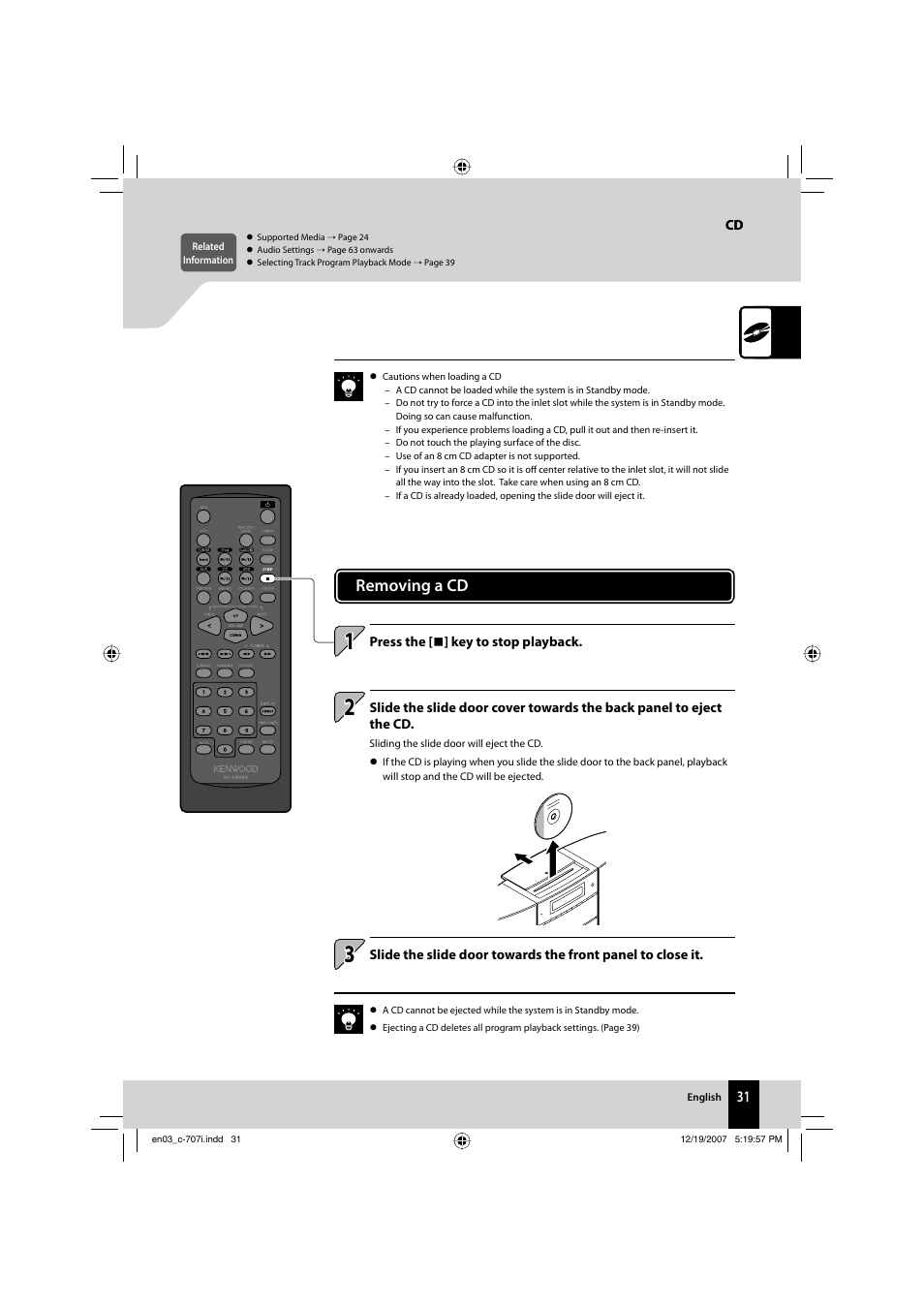 Removing a cd | Kenwood C-707I User Manual | Page 31 / 84