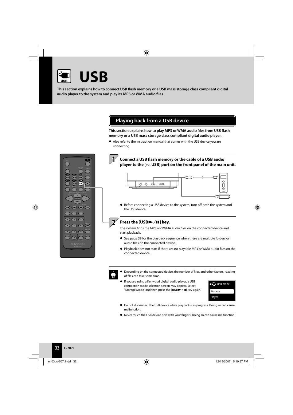 Playing back from a usb device | Kenwood C-707I User Manual | Page 32 / 84