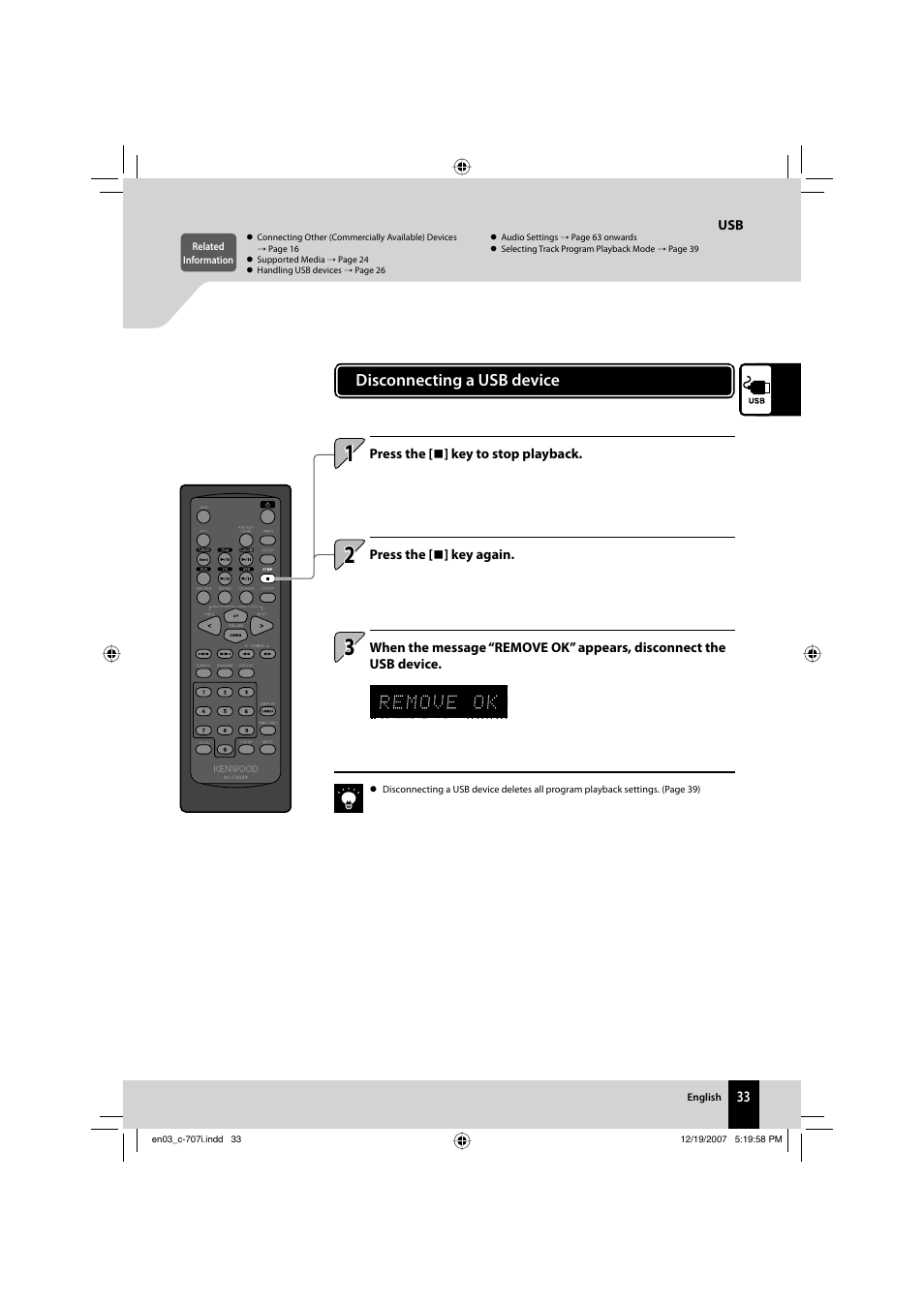 Disconnecting a usb device | Kenwood C-707I User Manual | Page 33 / 84