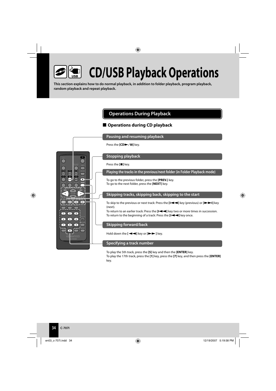 Cd/usb playback operations, Operations during playback | Kenwood C-707I User Manual | Page 34 / 84