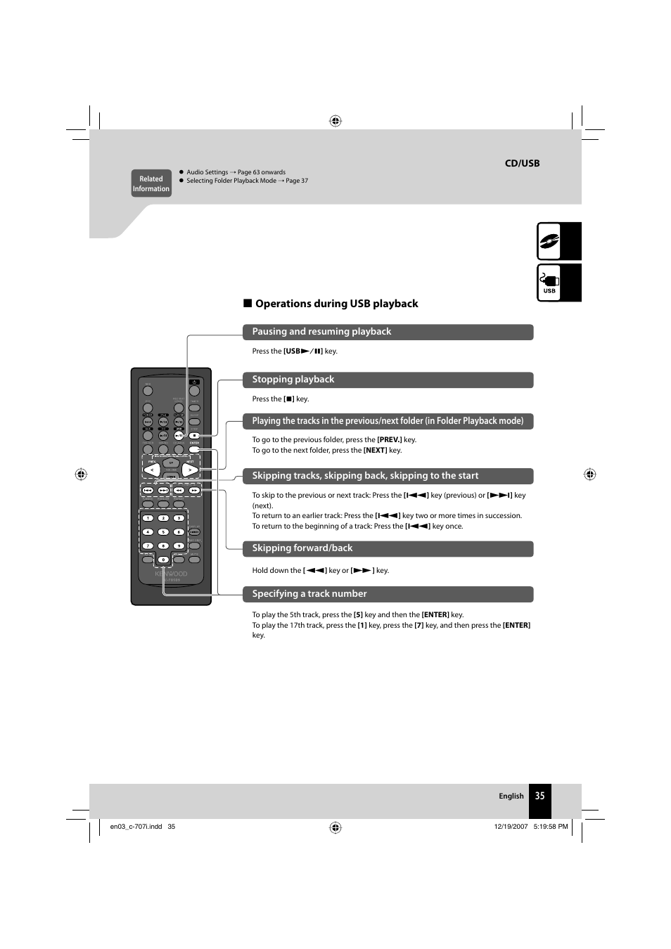 Operations during usb playback | Kenwood C-707I User Manual | Page 35 / 84