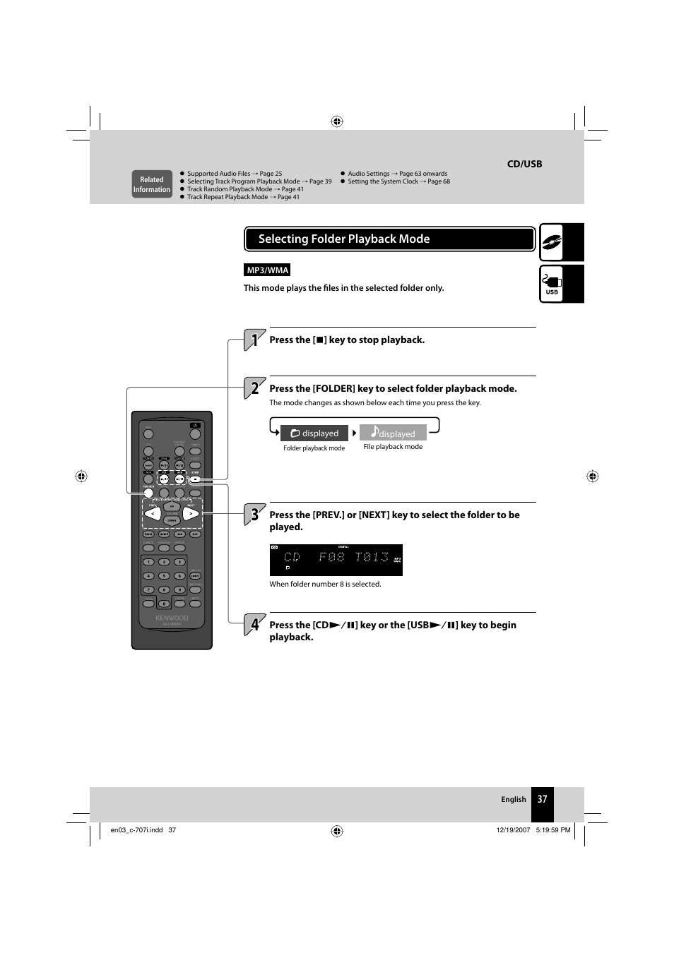 Selecting folder playback mode | Kenwood C-707I User Manual | Page 37 / 84