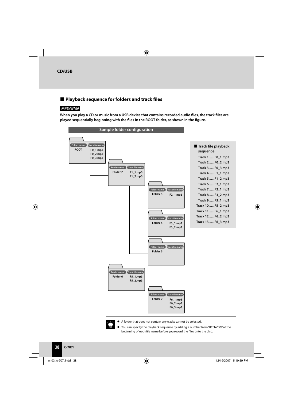 Playback sequence for folders and track fi les, Cd/usb, Sample folder confi guration | Kenwood C-707I User Manual | Page 38 / 84