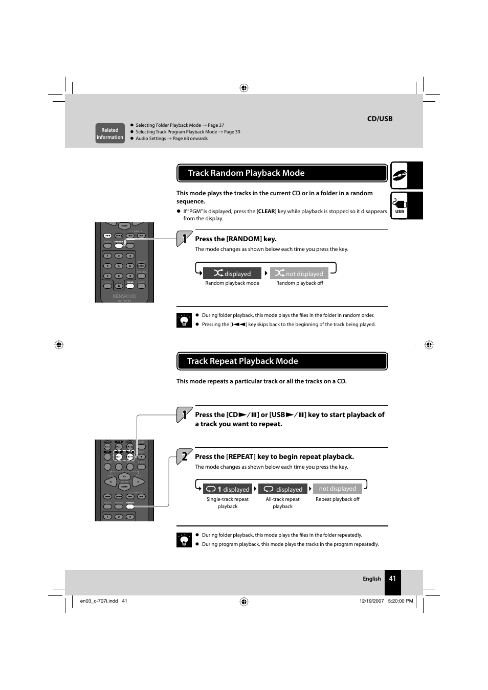 Track random playback mode, Track repeat playback mode | Kenwood C-707I User Manual | Page 41 / 84