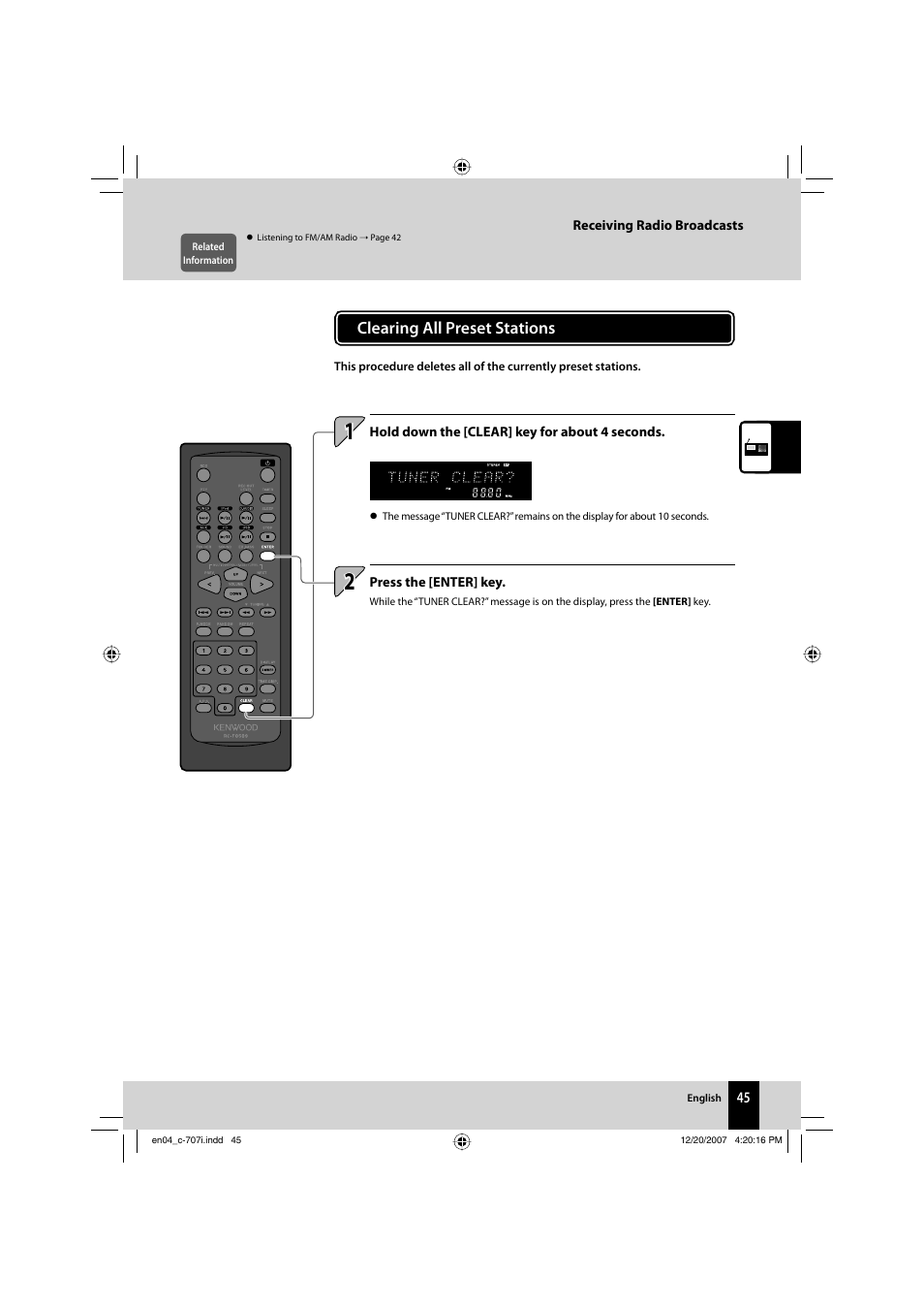 Clearing all preset stations | Kenwood C-707I User Manual | Page 45 / 84