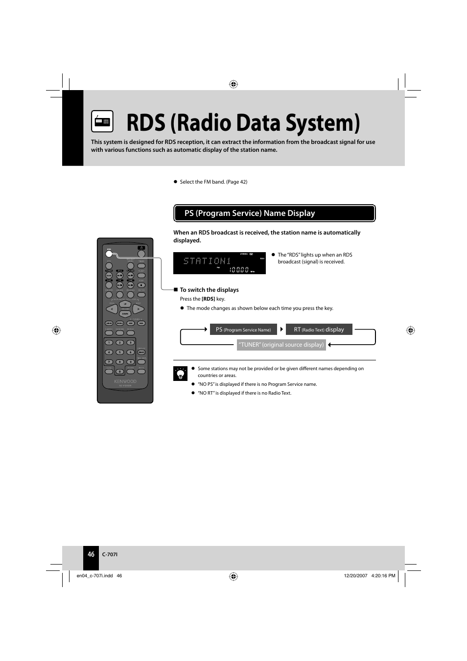 Rds (radio data system), Ps (program service) name display | Kenwood C-707I User Manual | Page 46 / 84