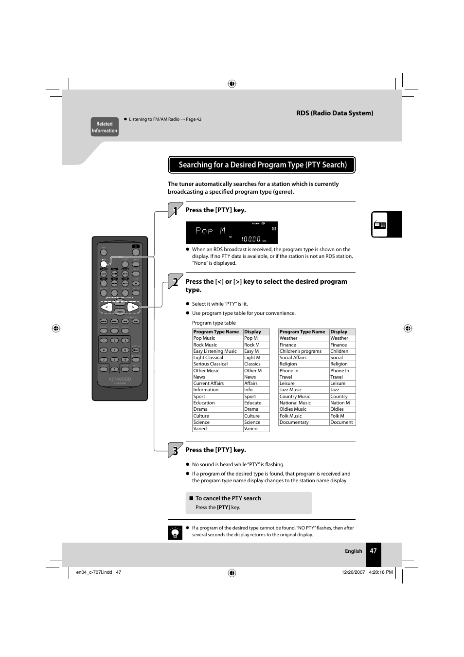 Searching for a desired program type (pty search) | Kenwood C-707I User Manual | Page 47 / 84