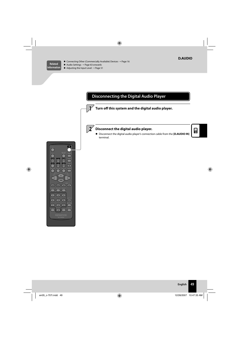 Disconnecting the digital audio player | Kenwood C-707I User Manual | Page 49 / 84