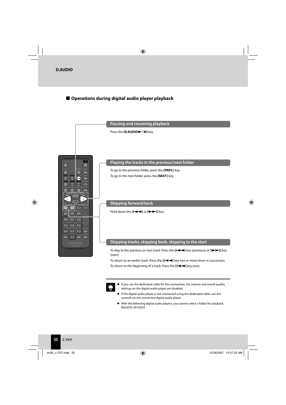 Operations during digital audio player playback | Kenwood C-707I User Manual | Page 50 / 84