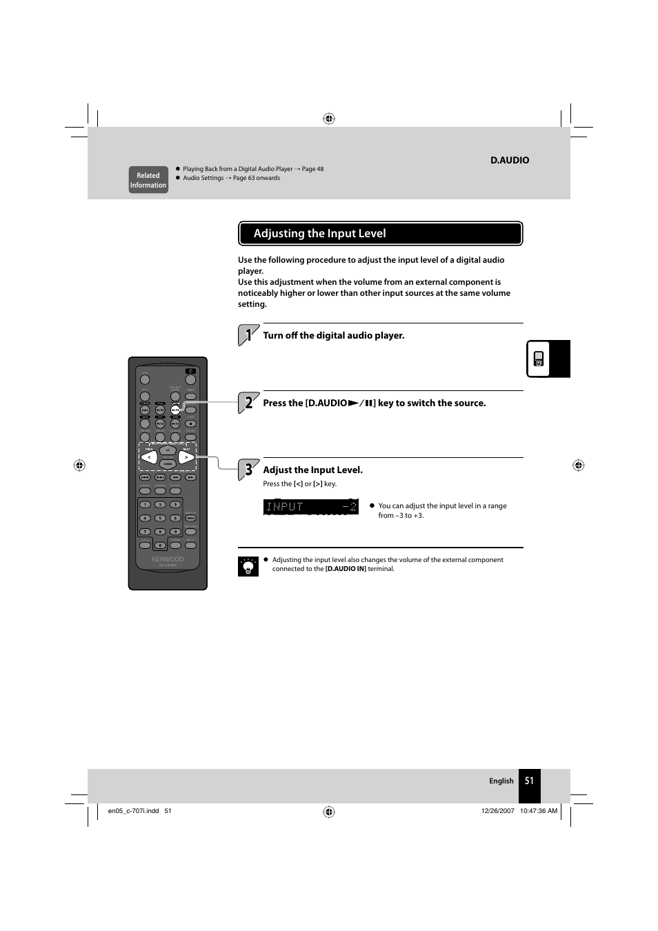 Adjusting the input level | Kenwood C-707I User Manual | Page 51 / 84