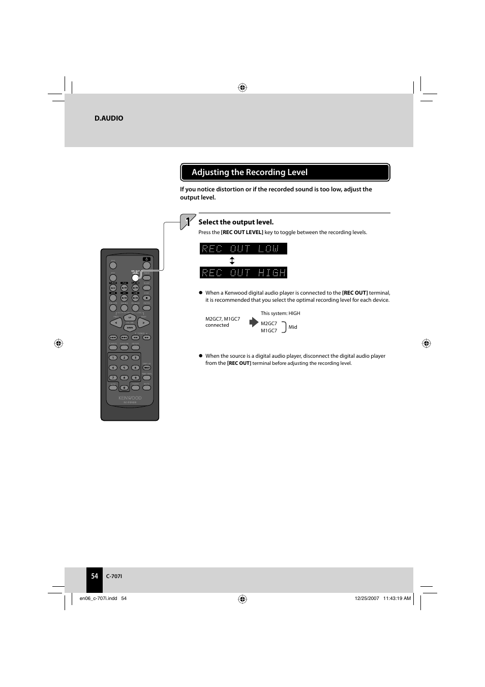 Adjusting the recording level | Kenwood C-707I User Manual | Page 54 / 84