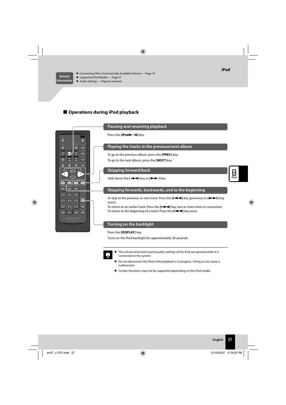 Operations during ipod playback | Kenwood C-707I User Manual | Page 57 / 84