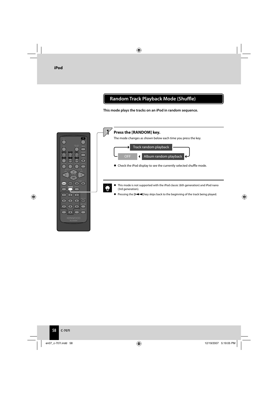 Random track playback mode (shuffl e) | Kenwood C-707I User Manual | Page 58 / 84