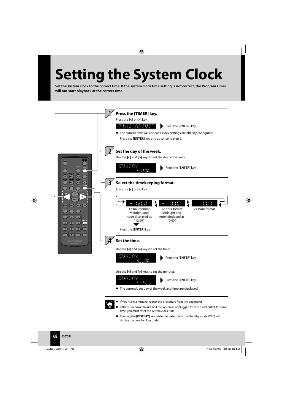 Setting the system clock | Kenwood C-707I User Manual | Page 68 / 84