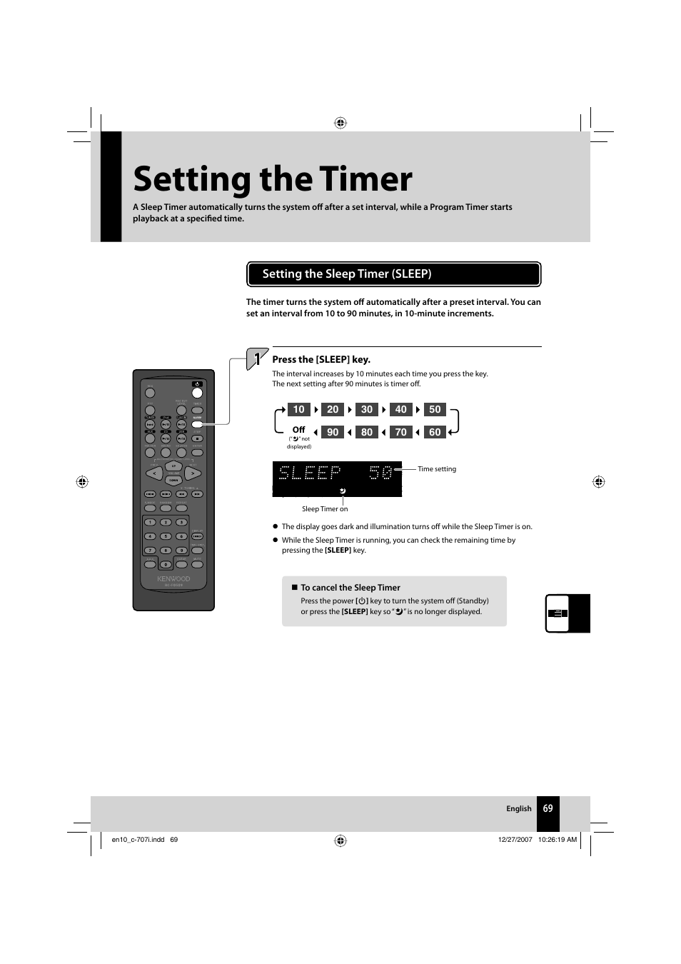 Setting the timer, Setting the sleep timer (sleep) | Kenwood C-707I User Manual | Page 69 / 84