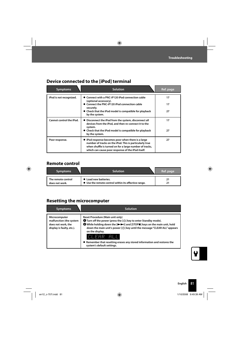 Device connected to the [ipod] terminal, Remote control, Resetting the microcomputer | Kenwood C-707I User Manual | Page 81 / 84