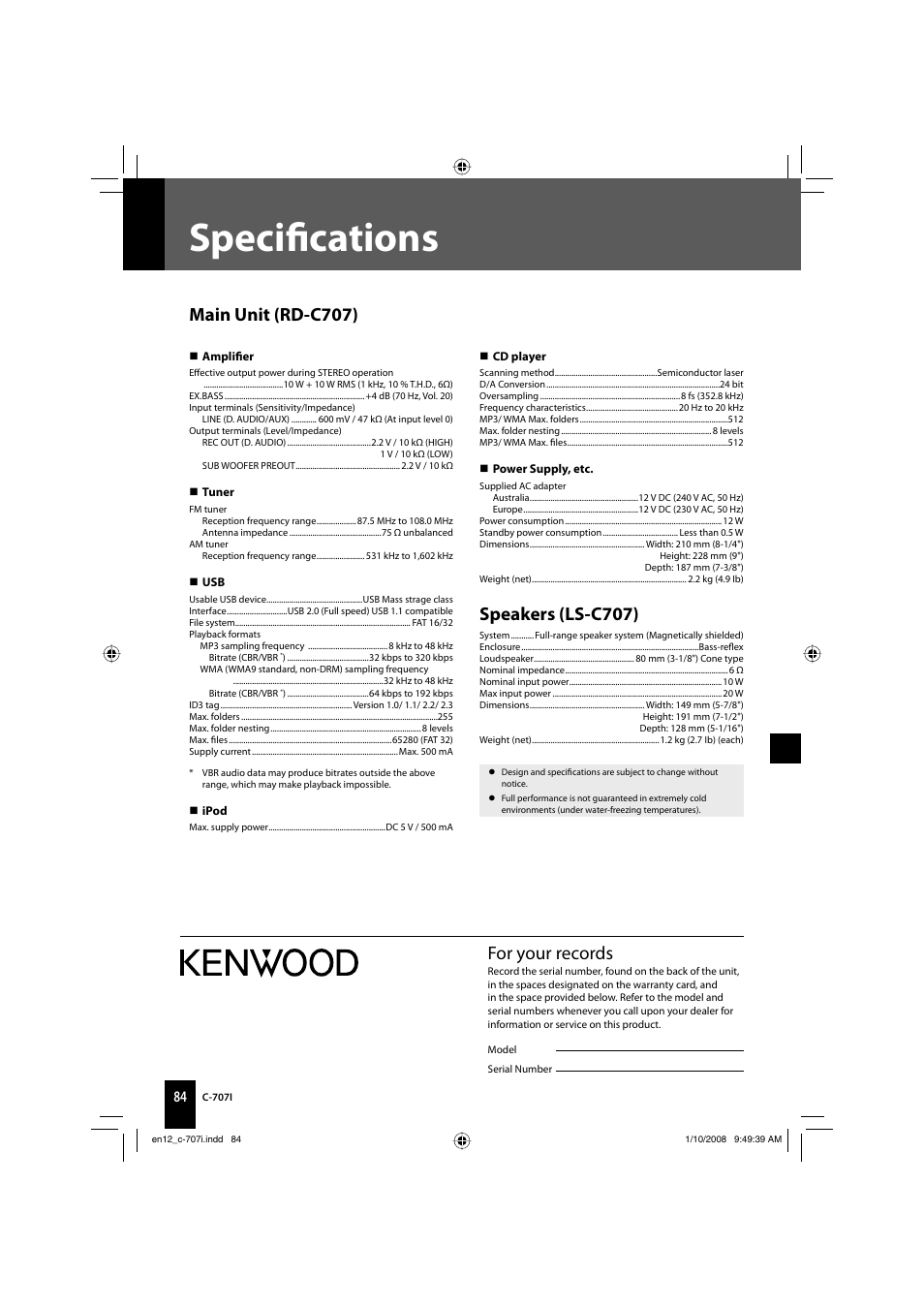 Specifi cations, Main unit (rd-c707), Speakers (ls-c707) | For your records | Kenwood C-707I User Manual | Page 84 / 84