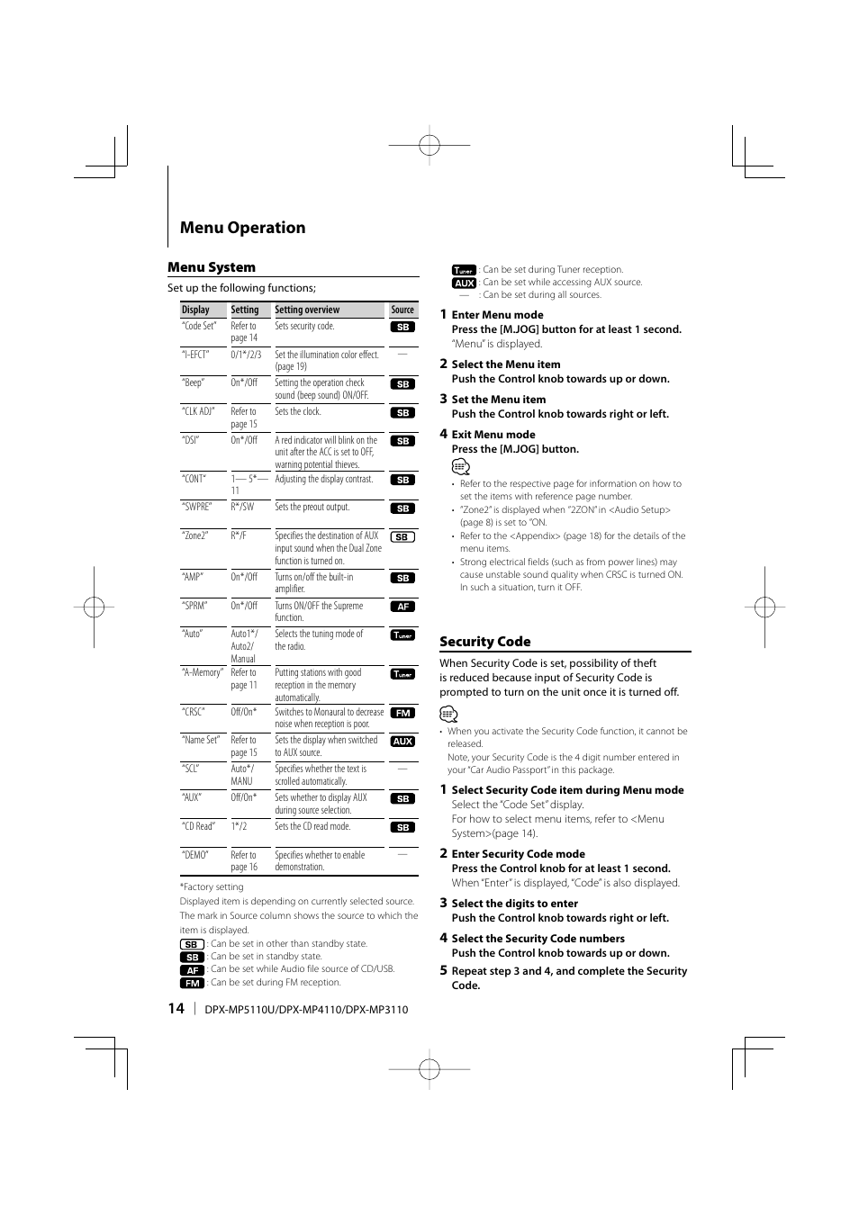 Menu operation, Menu system, Security code | Kenwood DPX-MP3110 User Manual | Page 14 / 25