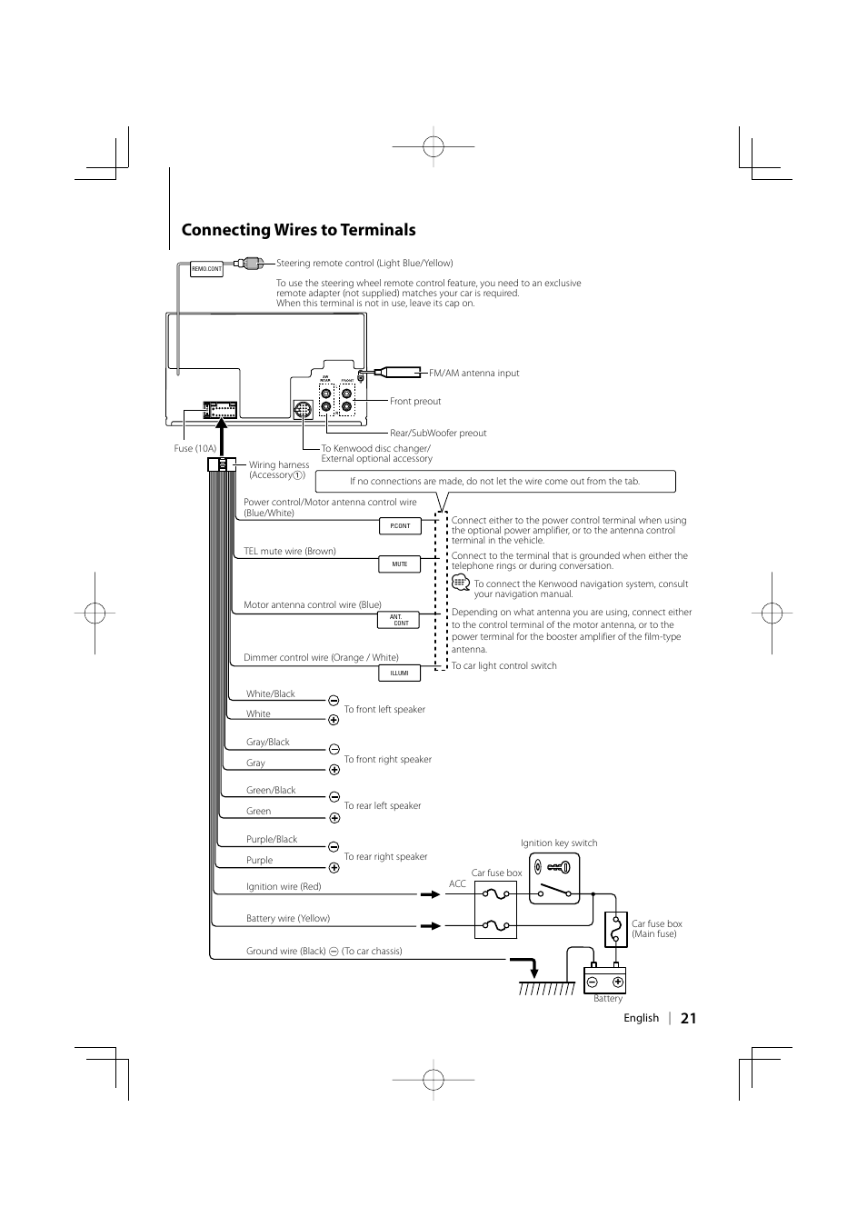 Connecting wires to terminals | Kenwood DPX-MP3110 User Manual | Page 21 / 25