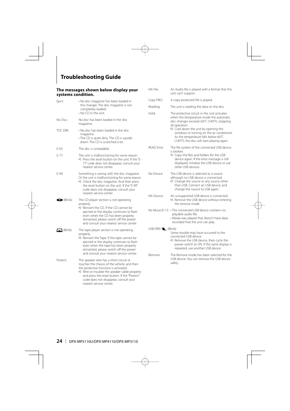 Troubleshooting guide | Kenwood DPX-MP3110 User Manual | Page 24 / 25