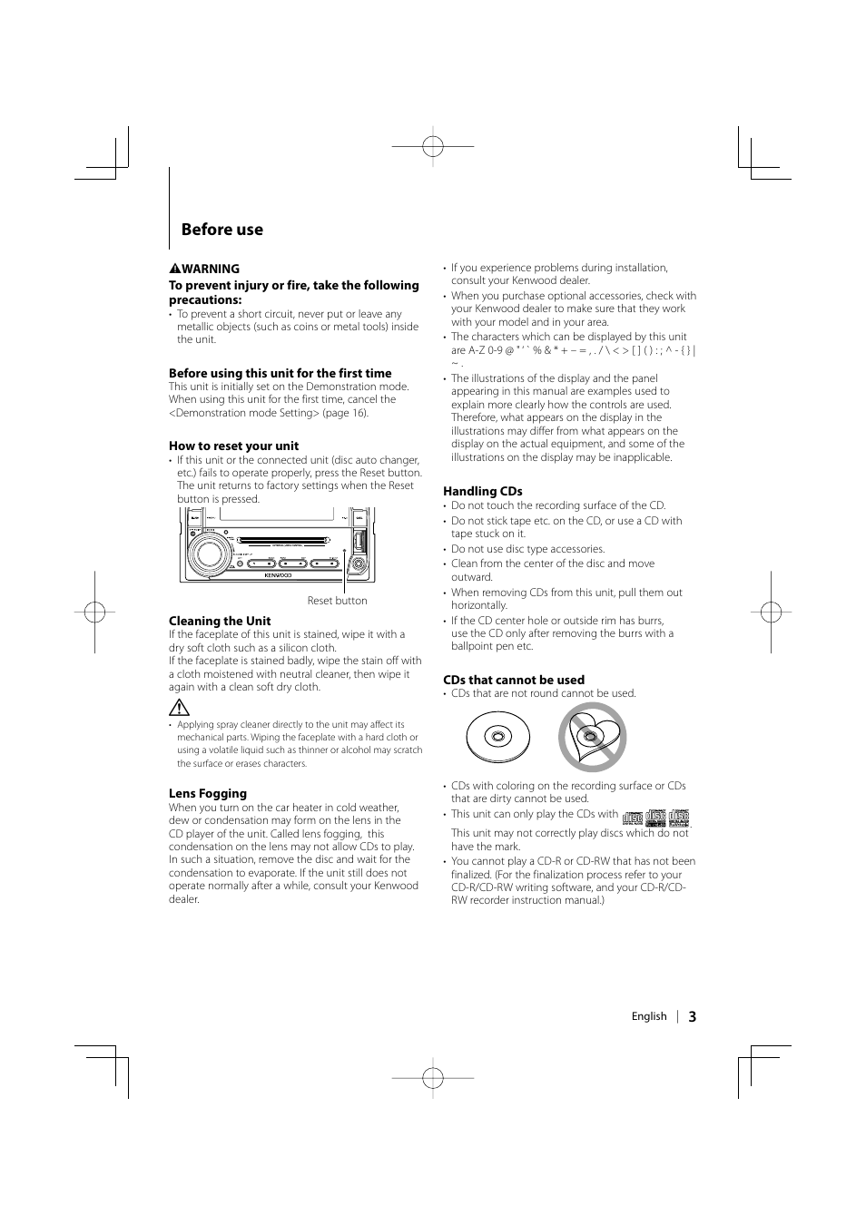 Before use | Kenwood DPX-MP3110 User Manual | Page 3 / 25