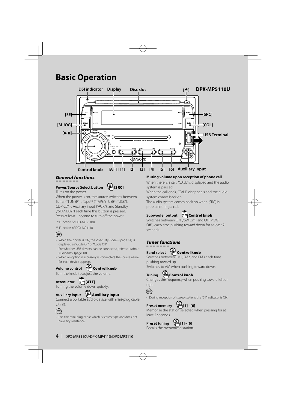 Basic operation, Dpx-mp5110u | Kenwood DPX-MP3110 User Manual | Page 4 / 25