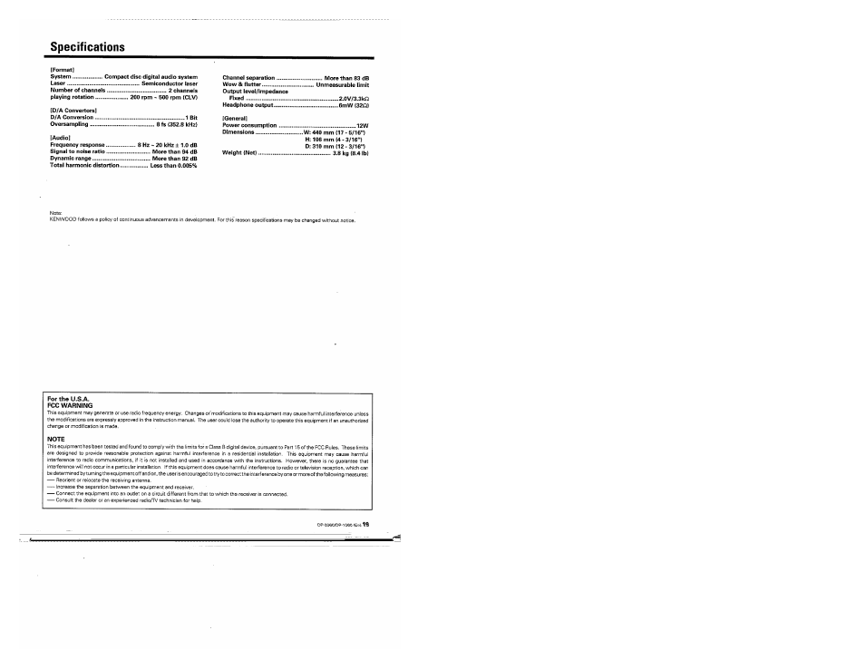 Specifications | Kenwood DP-2060 User Manual | Page 19 / 20