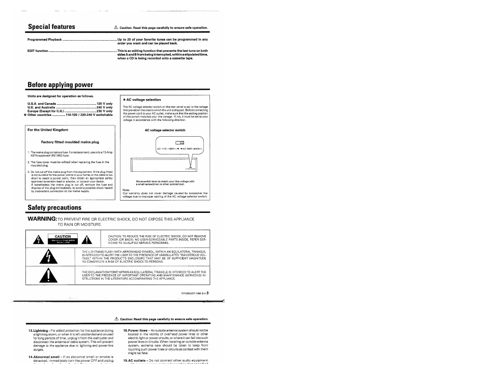 Before applying power, Safety precautions, Warning | Special features | Kenwood DP-2060 User Manual | Page 3 / 20