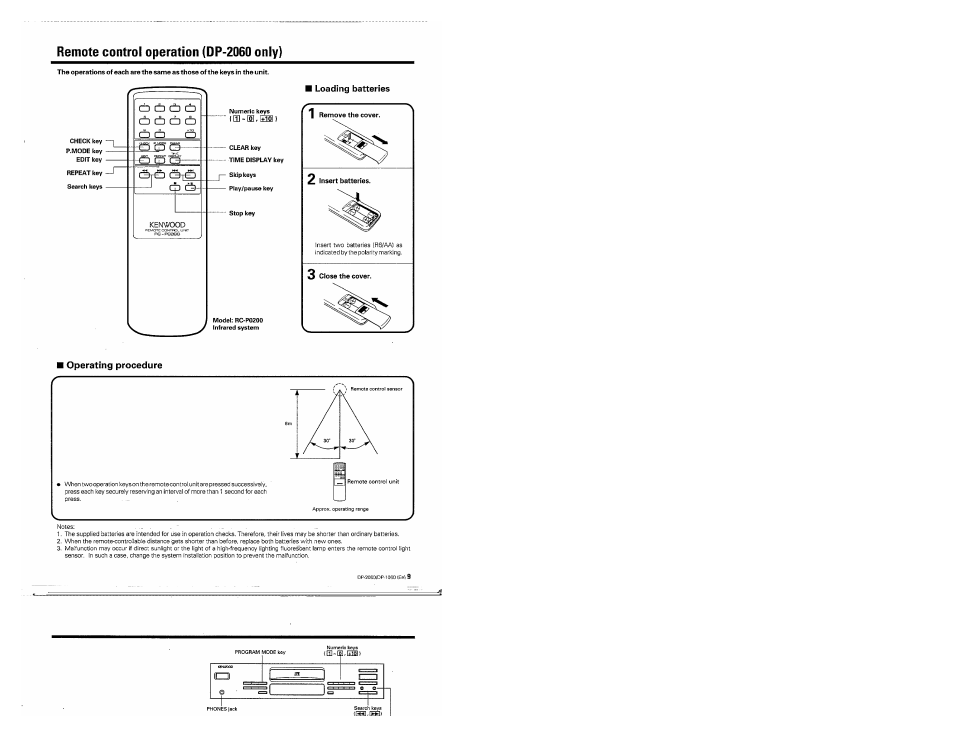 Remote control operation (dp-2060 only), Operating procedure, I loading batteries i | Kenwood DP-2060 User Manual | Page 9 / 20