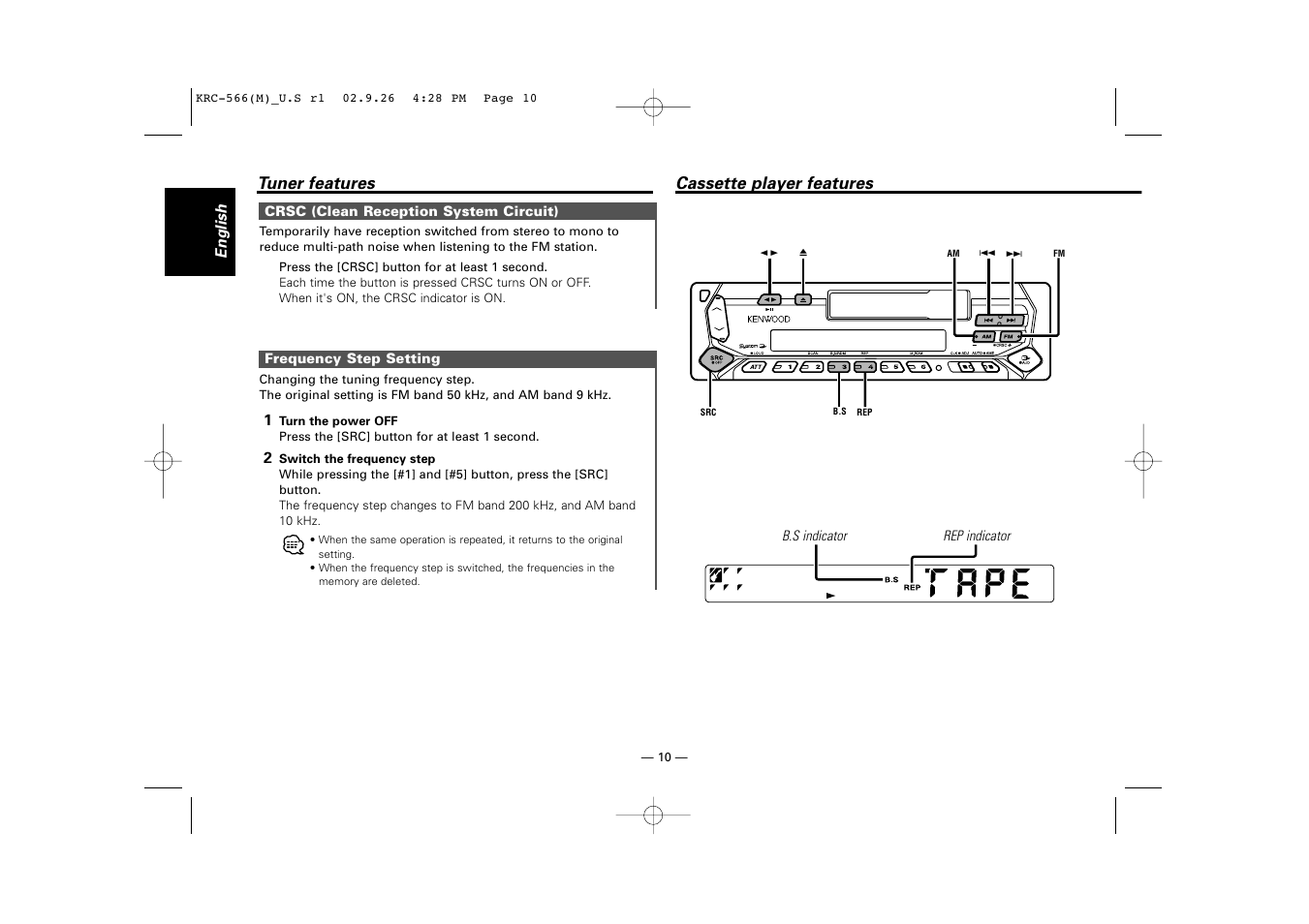 Cassette player features, Tuner features | Kenwood KRC-566 User Manual | Page 10 / 24