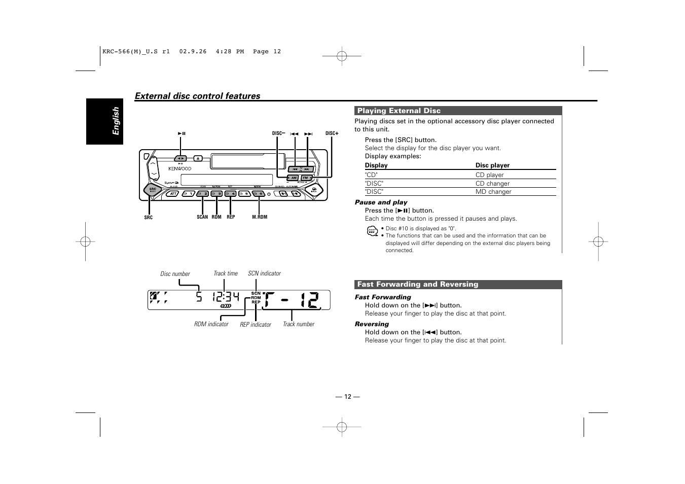 External disc control features | Kenwood KRC-566 User Manual | Page 12 / 24