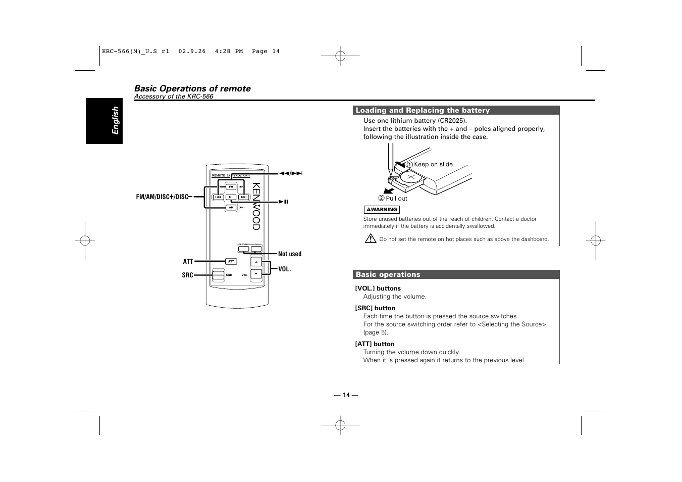 Basic operations of remote | Kenwood KRC-566 User Manual | Page 14 / 24