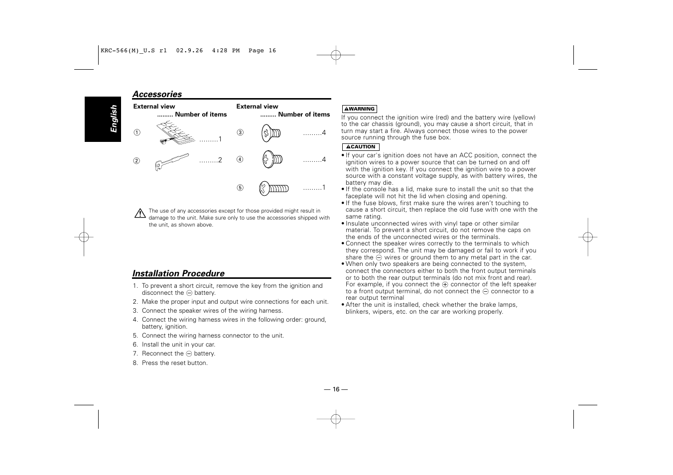 Accessories, Installation procedure | Kenwood KRC-566 User Manual | Page 16 / 24