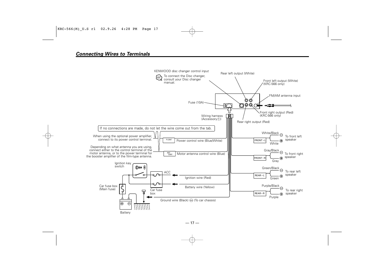 Connecting wires to terminals | Kenwood KRC-566 User Manual | Page 17 / 24